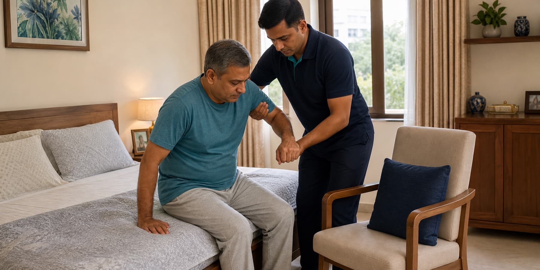 A patient attendant safely helping a man transfer from his bed to a chair