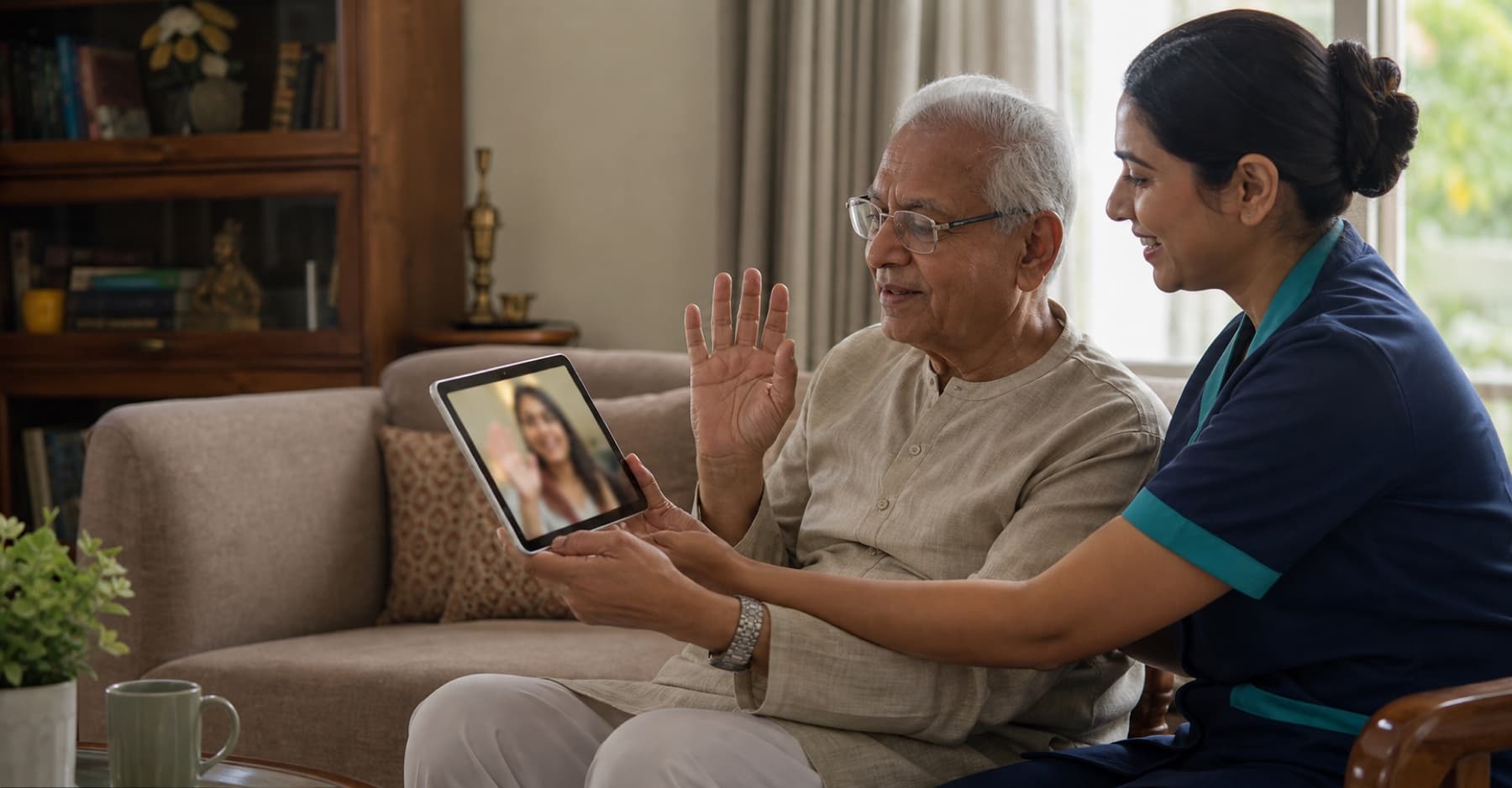 A caregiver helping an older man make a video call with his daughter