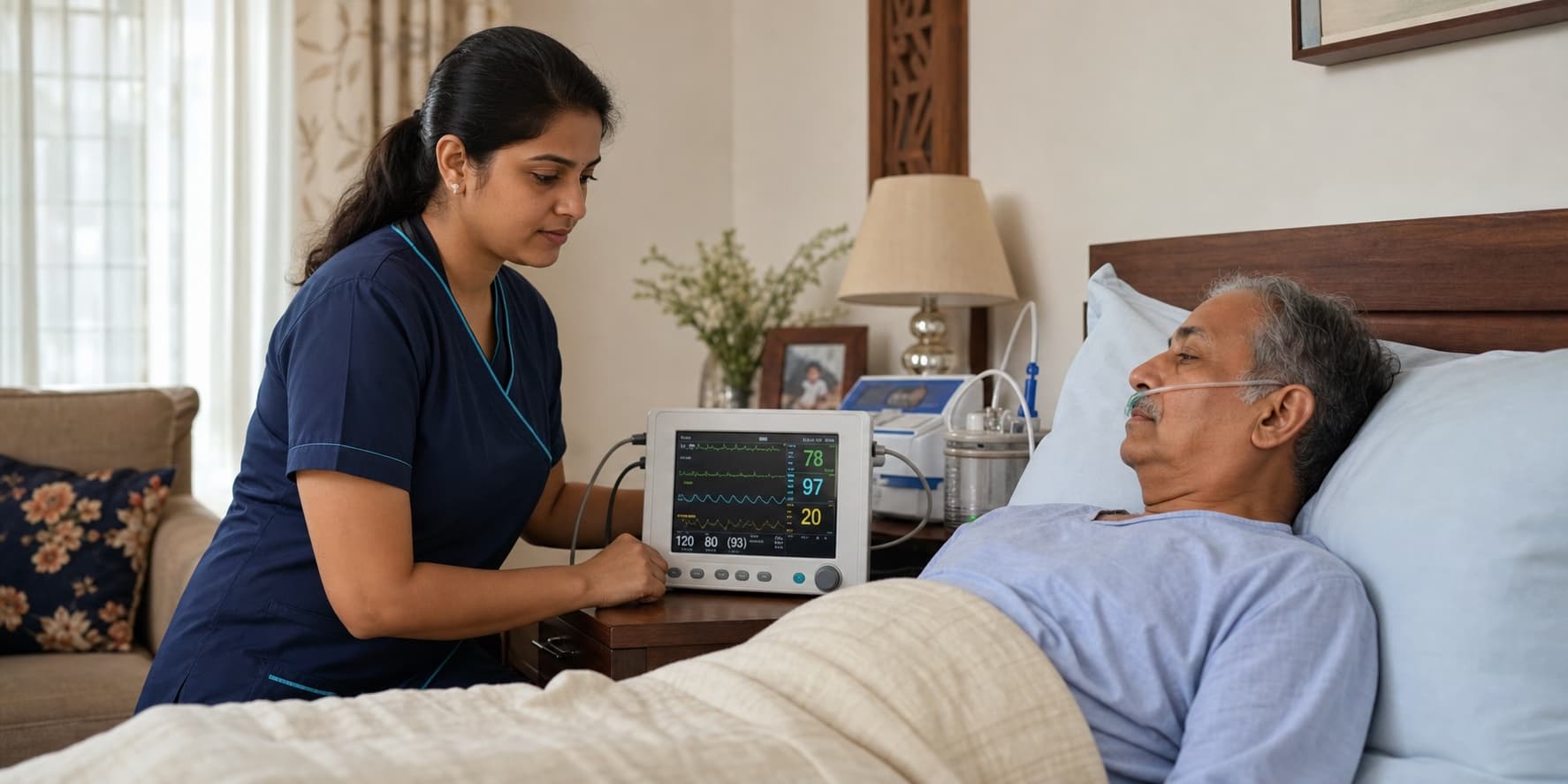 An ICU-trained nurse monitoring an older patient with home critical-care equipment